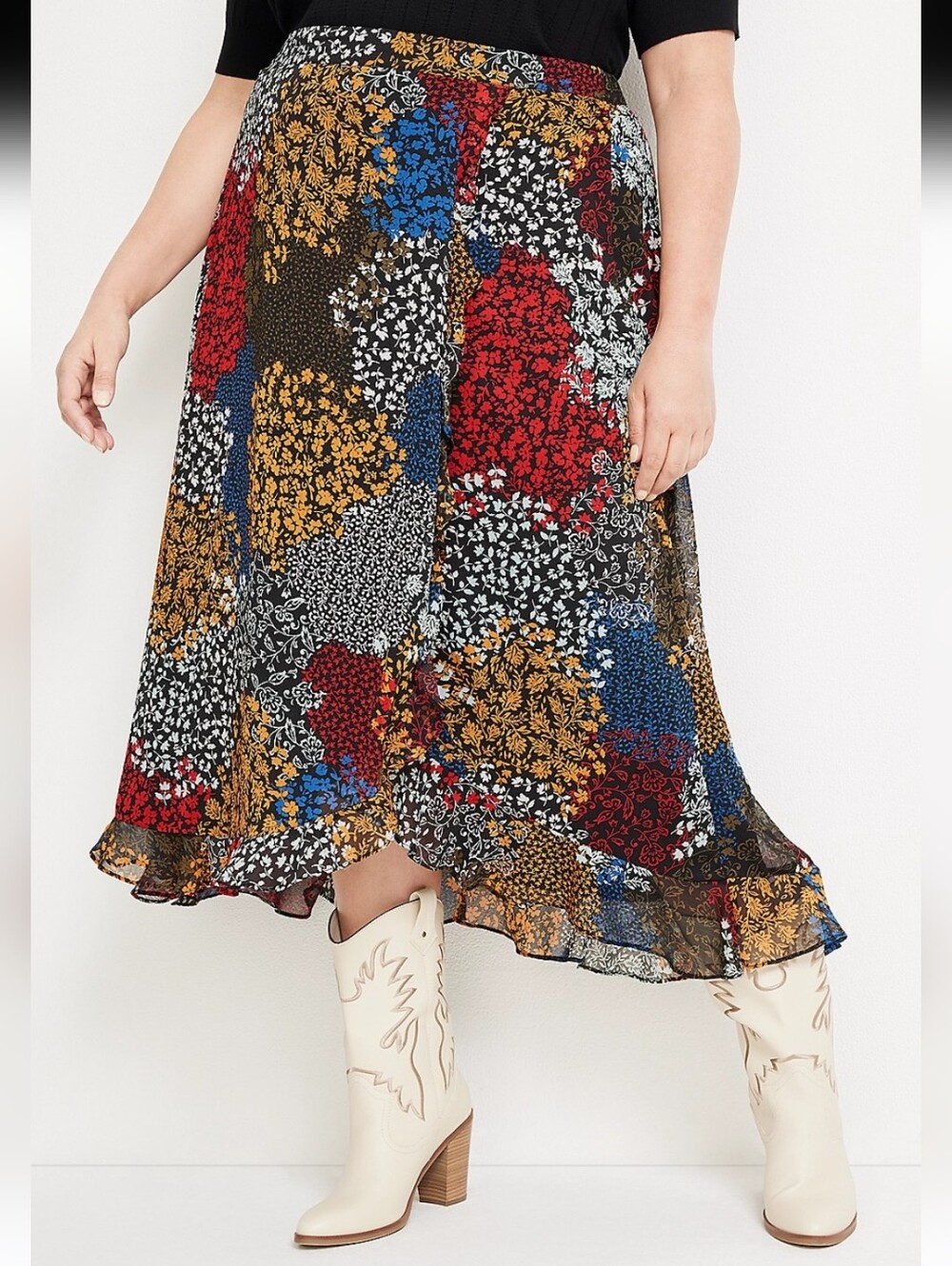 Floral Patchwork Faux Wrap Hi-Low Maxi Skirt Bohemian Western Vacay Size Large